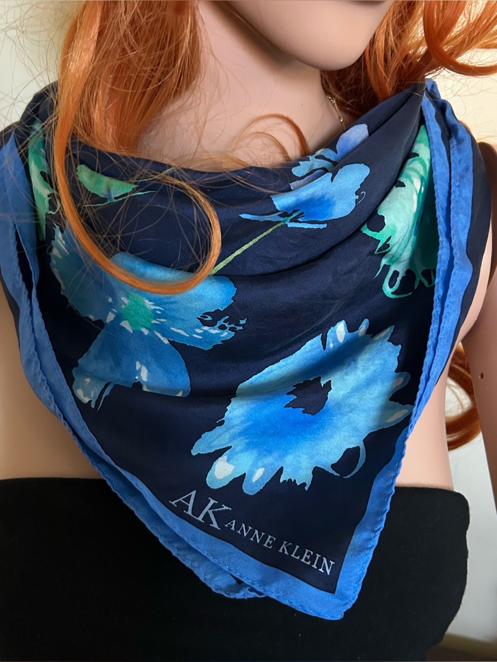Anne Klein Navy Floral Silk Scarf with Blue & Aqua Blooms